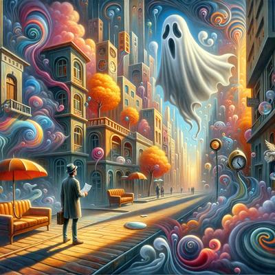 The primary subject of the image is a man standing on a sidewalk, reading a book. The setting is a city street with a clock tower in the background. The visual style is a digital art or illustration, creating a vibrant and colorful atmosphere. The dominant colors include orange, pink, and blue, which contribute to the lively and cheerful mood of the scene.